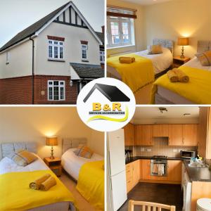 a collage of three pictures of a hotel room at B and R Serviced Accommodation Amesbury, 3 Bedroom House with Free Parking, Super Fast Wi-Fi 145Mbs and 4K smart TV, Archer House in Amesbury