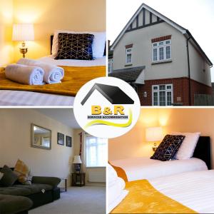 a collage of three pictures of a hotel room at B and R Serviced Accommodation, 3 Bedroom House with Free Parking, Super fast Wi-Fi 145Mbps and 4K smart TV, Barnard House in Amesbury