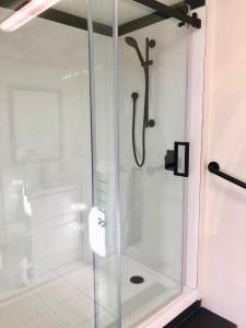 a shower with a glass door in a bathroom at Le Chalet Waiheke Apartments in Ostend