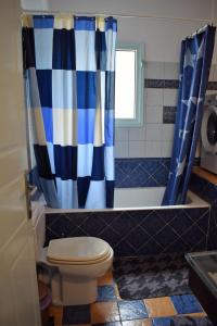 La salle de bains est pourvue de toilettes et d'un rideau de douche bleu et blanc. dans l'établissement Daniel and Marina, à Galini