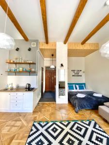 un soggiorno con letto e cucina di Dreaming Apartments a Lviv