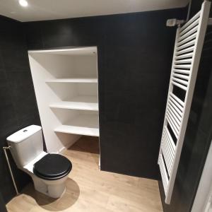 a bathroom with a toilet and a black wall at A 4 min du Zoo de Beauval La Maison à Partager Ch4 2ème étage in Saint-Aignan
