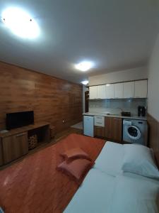 a bedroom with a large bed and a kitchen at Private Rooms Silvia in Varna City