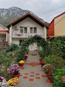 a walkway with flowers in front of a building at Pension Eden in Băile Herculane