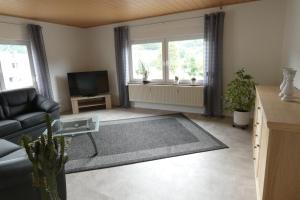 ein Wohnzimmer mit einem Sofa und einem TV in der Unterkunft Ferienwohnung Römerweinhof in Neumagen-Dhron