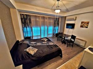 Schlafzimmer mit einem Bett, einem Schreibtisch und einem Fenster in der Unterkunft Fibos Studios in Ohrid