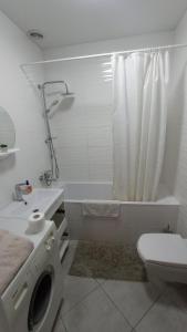 een witte badkamer met een toilet en een douche bij Apartament Buk in Rivne
