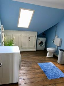 La salle de bains bleue est pourvue de toilettes et d'une lucarne. dans l'établissement Ferienwohnung im Grünen auf idyllisch gelegenen Gutshof und doch so zentral, à Waldshut-Tiengen