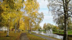 un parc avec un étang, des arbres et une fontaine dans l'établissement Toimistohotelli Alfred Kokkola, à Kokkola