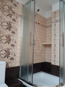 um chuveiro com uma porta de vidro na casa de banho em Apartmán 80 em Oravský Podzámok
