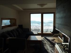 a living room with a couch and a large window at Luxury Wellness Apartment in Rokytnice nad Jizerou