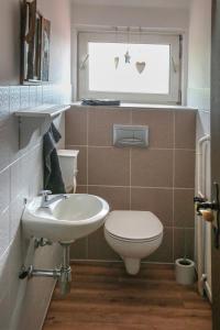 a bathroom with a sink and a toilet and a window at Ferienwohnung Büren in Büren