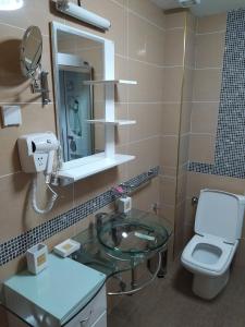 een badkamer met een wastafel, een toilet en een spiegel bij Apartman Paradiso 211 in Vrnjačka Banja
