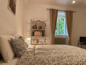 Un dormitorio con una cama y una estantería. en Cozy Apartment in a Historic Villa, en Merano