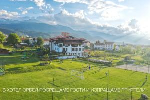 多布里尼什特Hotel Orbel的一群在田野上踢足球的人