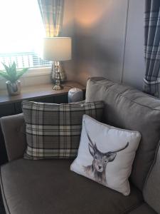 una foto di un cervo su un cuscino su un divano di 2 Borwick Lake a Carnforth