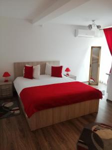 1 dormitorio con 1 cama grande con manta roja en Casa Romeo & Julieta, en Haţeg