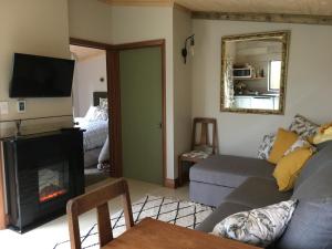 ein Wohnzimmer mit einem Sofa und einem Kamin in der Unterkunft Petes Place in Arthur's Pass