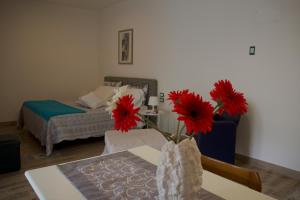 a living room with a bed and a table with red flowers at dimora Spine Bianche in Matera