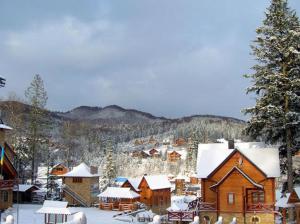 wioska pokryta śniegiem z domami i drzewami w obiekcie Норіс w mieście Migowo
