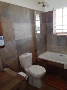 a bathroom with a toilet and a bath tub at Sandstone Chameleon Guest House in Fouriesburg