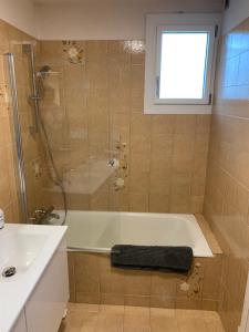 La salle de bains est pourvue d'une douche, d'une baignoire et d'un lavabo. dans l'établissement maison blanche, à Briançon