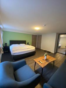 JG Hotel Memmingen في ميمينجين: غرفة معيشة مع سرير وطاولة قهوة
