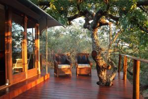 un porche de madera con 2 sillas y un árbol en Thanda Safari, en Hluhluwe