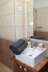 un bagno con lavandino e specchio di Pálma Apartmanok Szálláshely Százhalombatta 5a a Százhalombatta