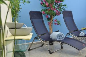 two chairs sitting next to each other in a room with flowers at Apart Hotel Stadtgarten in Überlingen