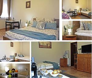 un collage de fotos de un dormitorio con cama en Pálma Apartmanok szálláshely Százhalombatta 6a, en Százhalombatta