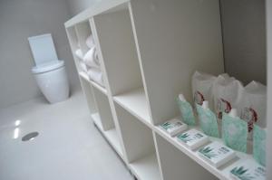 a bathroom with a toilet and a shelf with toilet paper at Hotel Airiños 3* in Cangas de Morrazo