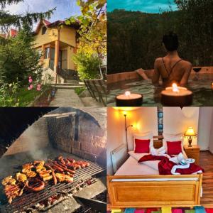 a collage of photos with a bed and a grill at Pensiunea PORTAS RESORT in Slănic