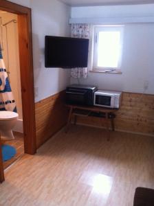 a living room with a television and a microwave at Appartements Hexahüsle in Wald am Arlberg