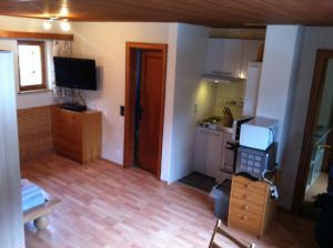 a small room with a kitchen and a door at Appartements Hexahüsle in Wald am Arlberg