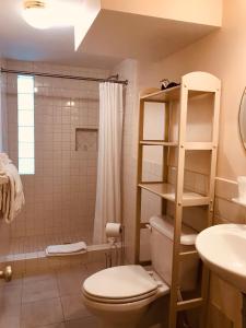 y baño con aseo, lavabo y ducha. en El Patio Motel, en Key West