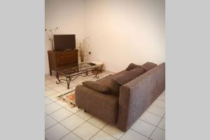 a living room with a couch and a tv at Au bord de l eau in Pesmes