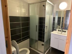 W łazience znajduje się prysznic, toaleta i umywalka. w obiekcie Hotel Normandy w mieście Dreux