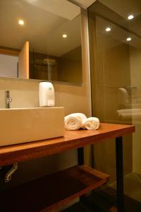 a bathroom with a counter with a sink and a mirror at TAS D VIAJE Suites - Hostel Boutique in Punta del Este