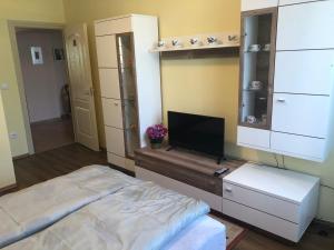 a bedroom with a bed and a flat screen tv at Emese vendégház in Mezőpeterd
