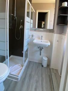 a bathroom with a shower and a sink and a toilet at Arie Romane Guesthouse in Rome
