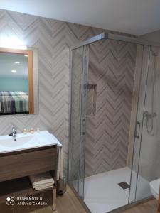 y baño con ducha y lavamanos. en Apartamentos Alameda en Sigüenza