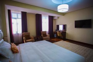 a hotel room with a bed and a television at HOTEL AYNI in Dushanbe