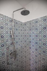a shower in a bathroom with blue and white tiles at La Villa Des Oliviers in Sidi Bou Saïd