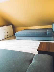 a bedroom with a bed and a couch and a table at Hacjenda Leśny Zaułek in Włodawa