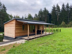 een klein houten huis in een grasveld bij Petzen Cottages - Petzen Chalets in Bleiburg