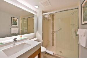 a bathroom with a shower, sink, and tub at Hyatt Place Dewey Beach in Dewey Beach