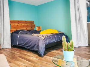 sypialnia z łóżkiem z niebieskimi ścianami i kaktusem w obiekcie Carpe Diem - cote-montagnes w mieście Oderen