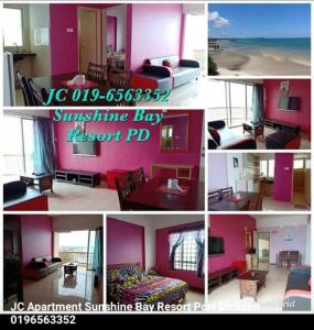 un collage de photos d'une chambre avec une chambre rose dans l'établissement JC Sunshine Bay Resort Apartment Port Dickson, à Port Dickson