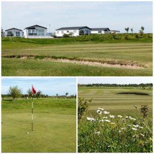 three pictures of a golf course with a red flag at Mablethorpe Seaside Cove With Private Hot Tub in Mablethorpe
